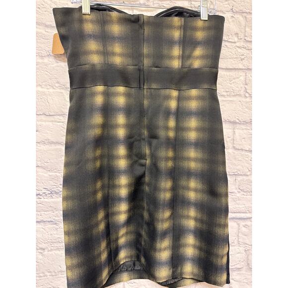 H&M Y2K Strapless Plaid Mini Dress w/Pleats and Pockets Black Tan Blue SZ 8 NWOT - Picture 3 of 4